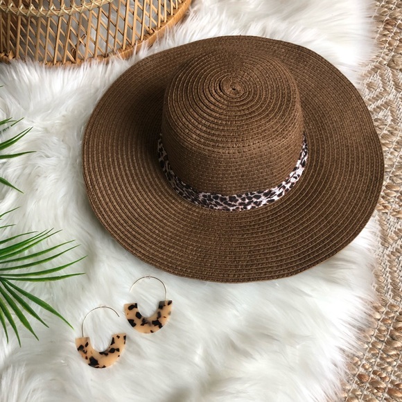 Accessories - Boho Chic Mocha Straw Hat Animal Print Ribbon